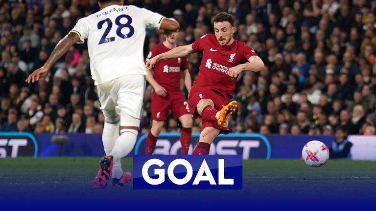 Diogo Jota scores his second goal of the game as Liverpool go 5-1 up away at Leeds.
