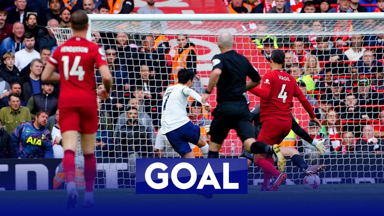 Heung-Min Son finishes coolly to continue Spur's comeback at Liverpool and make it 3-2.