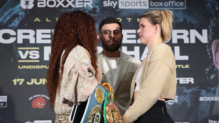 BOXXER PRESS CONFERENCE.ANDAZ HOTEL,.LONDON.PIC;LAWRENCE LUSTIG.UNDISPUTED WORLD SUPER-MIDDLEWEIGHT TITLE.FRANCHON CREWS-DEZURN AND SAVANNAH MARSHALL AS THEY ANNOUNCE THEIR FIGHT ON PROMOTER BEN SHALOM...S BOXXER PROMOTION AT MANCHESTER ON JUNE 17
