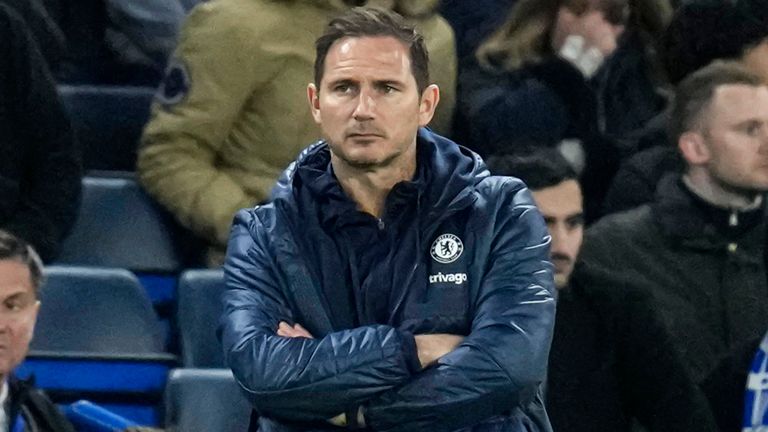 Frank Lampard stands by the touchline with his Chelsea side losing 2-0 at home to Brentford