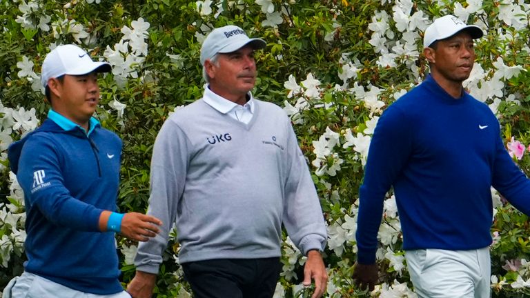 Si Woo Kim, of South Korea,, Fred Couples and Tiger Woods from left walk on the 13th fairway during a practice for the Masters golf tournament at Augusta National Golf Club, Monday, April 3, 2023, in Augusta, Ga. (AP Photo/Matt Slocum)