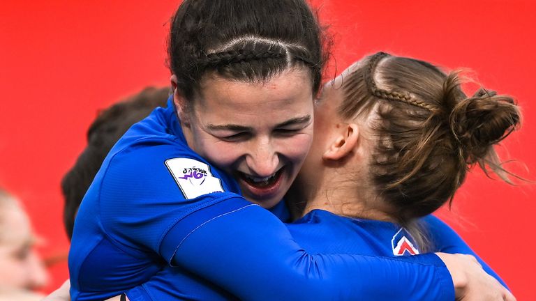 1 April 2023; Gabrielle Vernier and Emeline Gros of France, right, celebrate after the TikTok Women's Six Nations Rugby Championship match between Ireland and France at Musgrave Park in Cork. Photo by Brendan Moran/Sportsfile