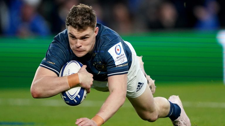 Leinster's Gary Ringrose scores his sides fourth try during the Heineken Champions Cup, Quarter Final match at the Aviva Stadium, Dublin, Ireland. Picture date: Friday April 7, 2023.