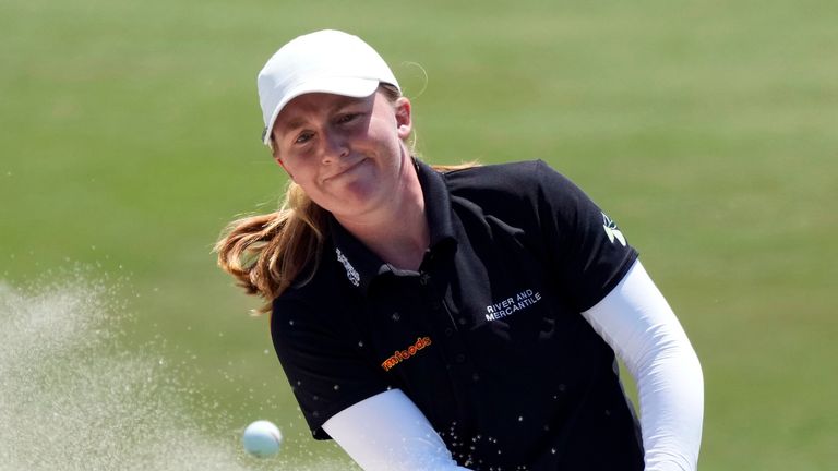 Gemma Dryburgh hits from the bunker to the 18th green during the first round of the LPGA LA Championship golf tournament at Wilshire Country Club, Thursday, April 27, 2023, in Los Angeles. (AP Photo/Marcio Jose Sanchez)