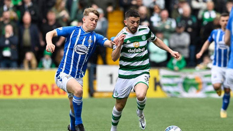 KILMARNOCK, SCOTLAND - APRIL 16: David Watson and Greg Taylor in action during a cinch Premiership match between Kilmarnock and Celtic at Rugby Park, on April 16, in Kilmarnock, Scotland.  (Photo by Rob Casey / SNS Group)