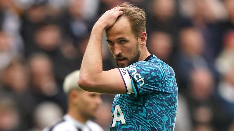 Harry Kane reacts to Spurs's losing heavily at Newcastle