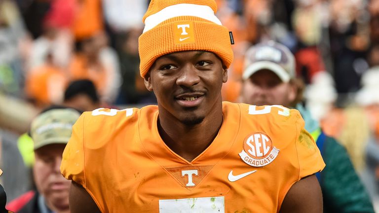 KNOXVILLE, TN - NOVEMBER 12: Tennessee Volunteers quarterback Hendon Hooker (5) walks off the field after the college football game between the Tennessee Volunteers and the Missouri Tigers on November 12, 2022, at Neyland Stadium, in Knoxville, TN. (Photo by Bryan Lynn/Icon Sportswire) (Icon Sportswire via AP Images)