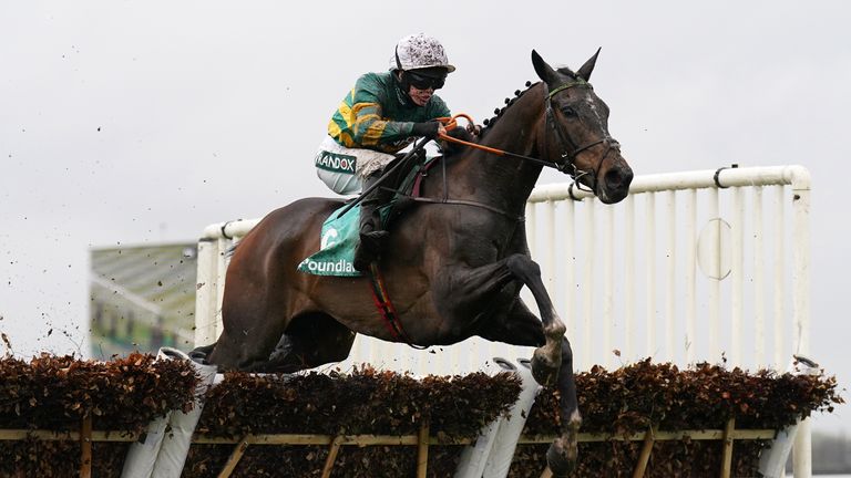 Inthepocket and Rachael Blackmore jump the last at Aintree