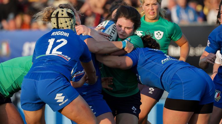 15 April 2023; Deirbhile Nic A Bh..ird of Ireland is tackled by Giada Franco and Beatrice Rigoni of Italy during the Tik Tok Womens Six Nations Rugby Championship match between Italy and Ireland at Stadio Sergio Lanfranchi in Parma, Italy. Photo by Roberto Bregani/Sportsfile.