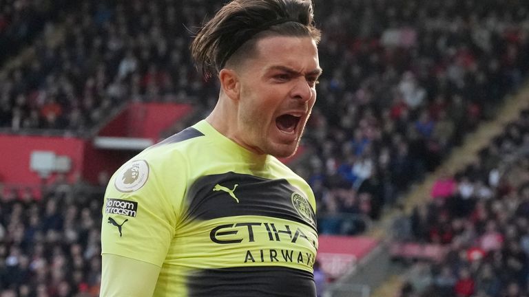 Manchester City's Jack Grealish celebrates after scoring his side's second goal