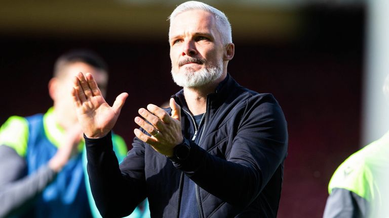MOTHERWELL, SCOTLAND - APRIL 15: Dundee United Manager Jim Goodwin celebrates at full time during a cinch Premiership match between Motherwell and Dundee United at Fir Park, on April 15, 2023, in Motherwell, Scotland.  (Photo by Ewan Bootman / SNS Group)