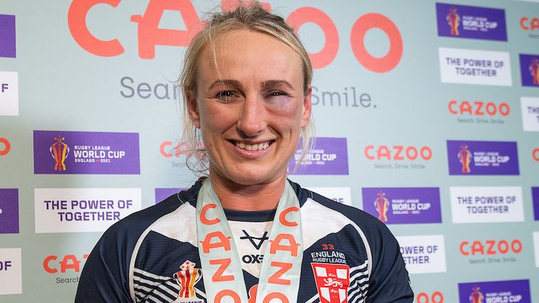 Picture by Allan McKenzie/SWpix.com - 09/11/2022 - Rugby League - Rugby League World Cup 2021 - England Women v Papua New Guinea Orchids - Headingley Stadium, Leeds, England - England's Jodie Cunningham with the Player of the Match medal after victory against Papua New Guinea.