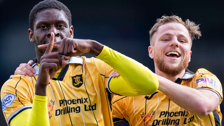 LIVINGSTON, SCOTLAND - APRIL 15: Livingston's Joel Nouble (L) celebrates scoring to make it 1-0 with teammate Bruce Anderson during a cinch Premiership match between Livingston and St Johnstone at the Tony Macaroni Arena, on April 15, 2023, in Livingston, Scotland.  (Photo by Roddy Scott / SNS Group)