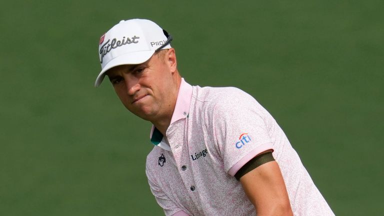 Justin Thomas putts on the second hole during the first round of the Masters golf tournament at Augusta National Golf Club on Thursday, April 6, 2023, in Augusta, Ga. (AP Photo/Mark Baker)