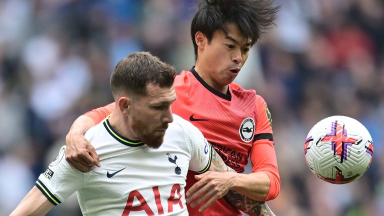 LONDON, ENGLAND - APRIL 08: Kaoru Mitoma of Brighton & Hove Albion and Pierre-Emile Hojbjerg of Tottenham Hotspur in action during the Premier League match between Tottenham Hotspur and Brighton & Hove Albion at Tottenham Hotspur Stadium on April 8, 2023 in London, United Kingdom. (Photo by Sebastian Frej/MB Media/Getty Images)