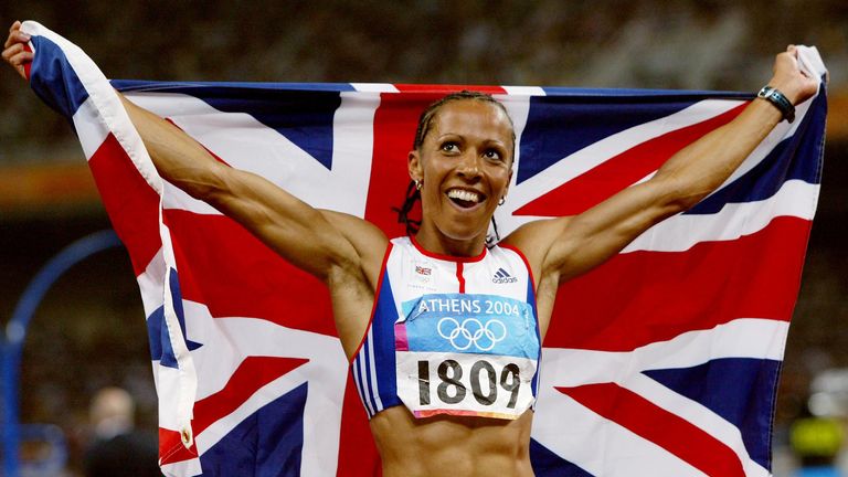 Britain's Kelly Holmes celebrates after winning the women's 1500m final at the Summer Olympics in Athens Saturday, August 28, 2004