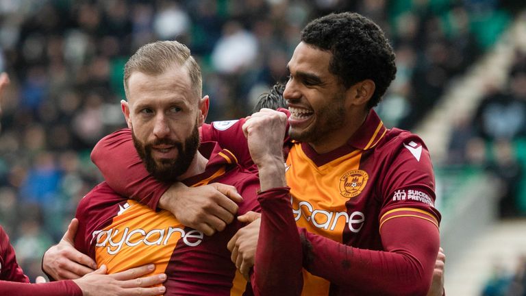 EDINBURGH, SCOTLAND - APRIL 01: Motherwell's Kevin van Veen (centre) celebrates making it 2-0 during a cinch Premiership match between Hibernian and Motherwell at Easter Road, on April 01, 2023, in Edinburgh, Scotland. (Photo by Craig Foy / SNS Group)