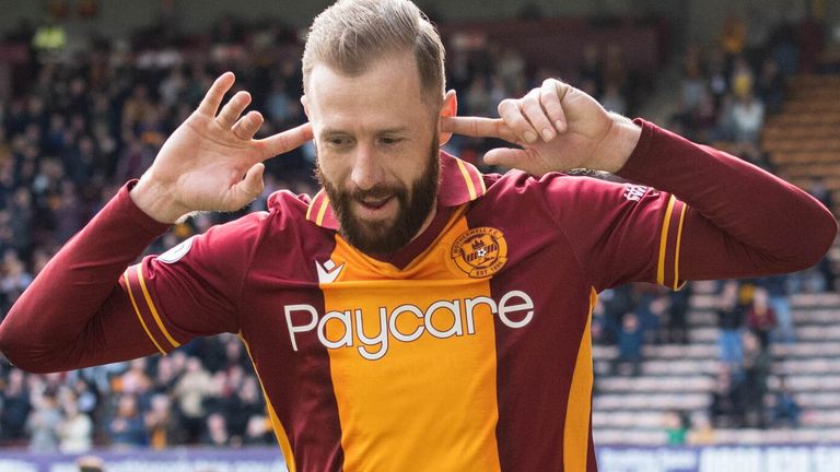 MOTHERWELL, SCOTLAND - APRIL 08: Motherwell's Kevin Van Veen celebrates scoring to make it 4-0 before the goal is ruled offside during a cinch Premiership match between Motherwell and Livingston at Fir Park, on April 08, 2023, in Motherwell, Scotland.  (Photo by Paul Devlin / SNS Group)