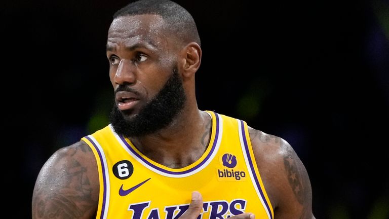 Los Angeles Lakers' LeBron James watches play during the first half in Game 6 of the team's first-round NBA basketball playoff series against the Memphis Grizzlies on Friday, April 28, 2023, in Los Angeles. (AP Photo/Jae C. Hong) 