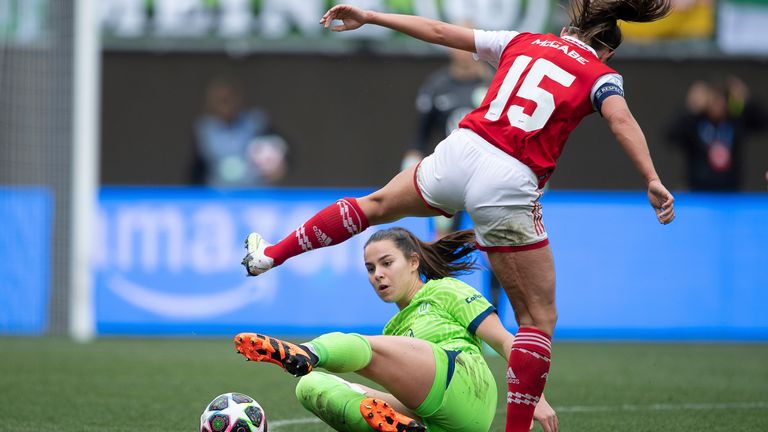 Katie McCabe dari Arsenal menantang bola dengan Lena Oberdorf dari Wolfsburg.