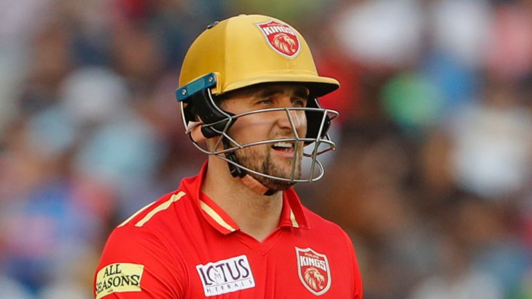 Punjab Kings' Liam Livingstone returns to the pavilion after being dismissed during the Indian Premier League cricket match between Punjab Kings and Royal Challengers Bangalore in Mohali, India, Thursday, April 20, 2023. (AP Photo/Surjeet Yadav)