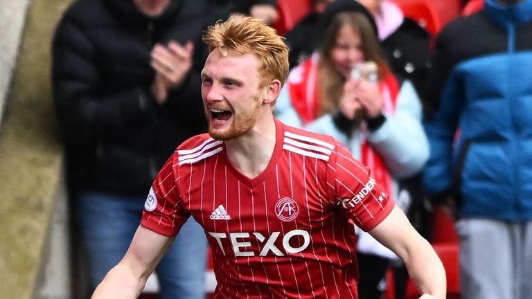 ABERDEEN, SCOTLAND - APRIL 23: Liam Scales celebrates making it 1-0 Aberdeen during a cinch Premiership match between Aberdeen and Rangers at Pittodrie, on April 22, 2023, in Aberdeen, Scotland. (Photo by Paul Devlin / SNS Group)