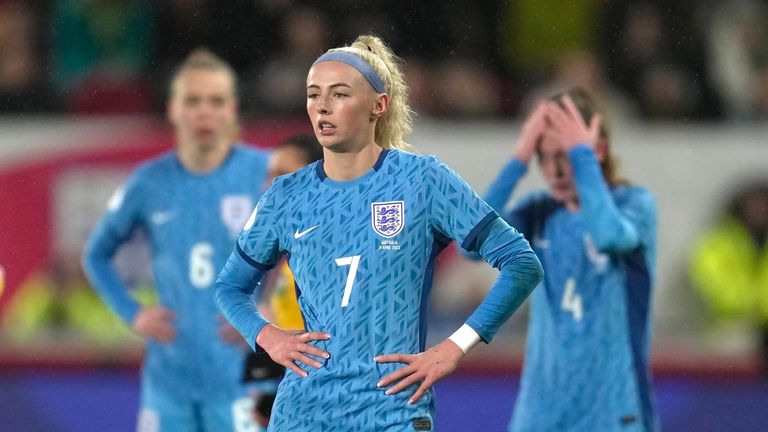 England's Chloe Kelly is seen after the end of the women's international friendly soccer match between England and Australia at the Gtech Community Stadium in London, England, Tuesday, April 11, 2023. Australia won the game 2-0. (AP Photo/Kin Cheung)