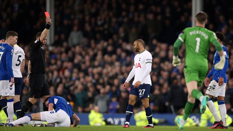 Lucas Moura was sent off for a rash challenge on Michael Keane