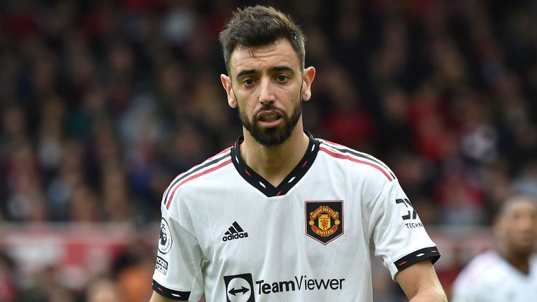 Manchester United's Bruno Fernandes during the English Premier League soccer match between Nottingham Forest and Manchester United at City ground in Nottingham, England, Sunday, April 16, 2023. (AP Photo/Rui Vieira)