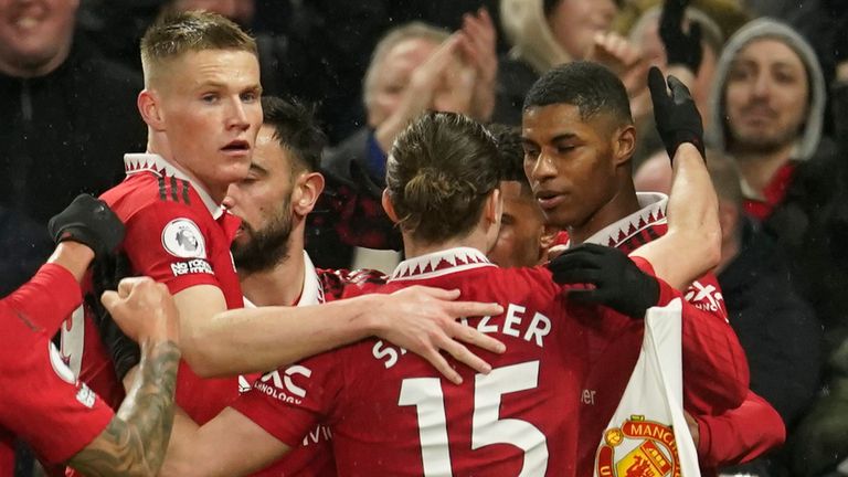 Marcus Rashford is mobbed by his team-mates after opening the scoring for Manchester United against Brentford