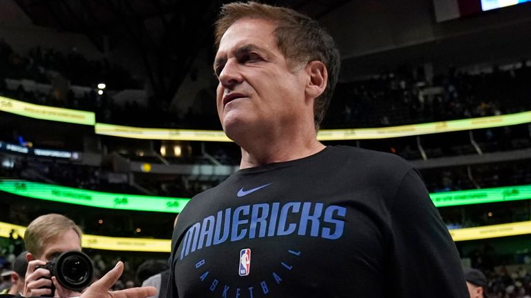 Dallas Mavericks team owner Mark Cuban walks off the court after an NBA basketball game against the Chicago Bulls, Friday, April 7, 2023, in Dallas. (AP Photo/Tony Gutierrez)