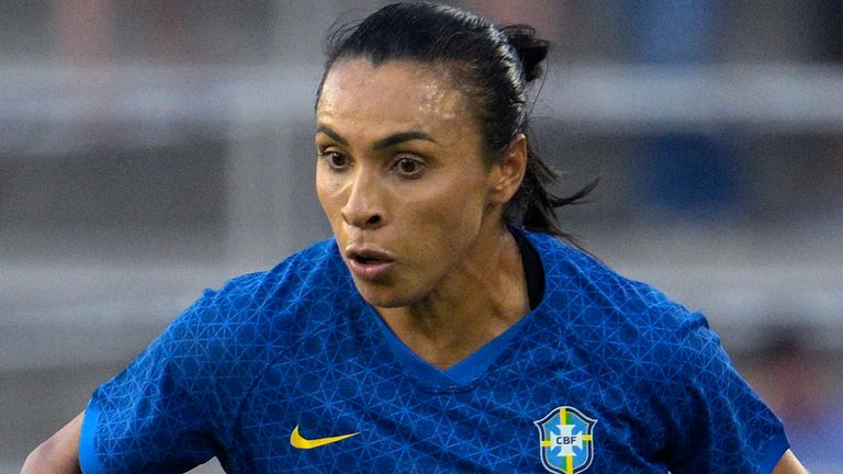 Brazil forward Marta (10) controls the ball during the second half of a SheBelieves Cup women's soccer match against Japan, Thursday, Feb. 16, 2023, in Orlando, Fla. (AP Photo/Phelan M. Ebenhack)