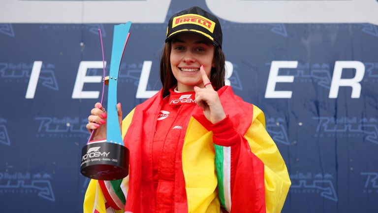 Marta Garcia celebrates after winning two races on the opening weekend of F1 Academy