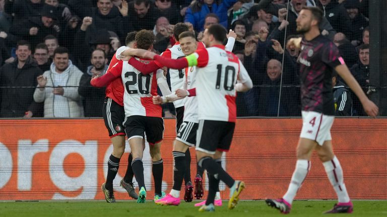 Feyenoord's Mats Wieffer celebrates with teammates