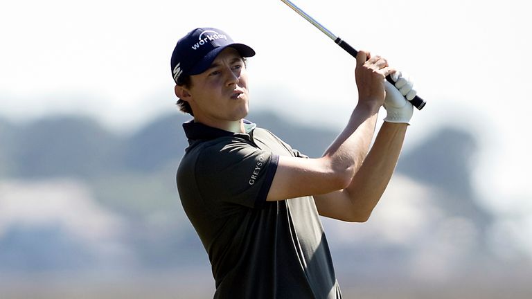 Matt Fitzpatrick, of England, watches his shot off the 18th fairway during the third round of the RBC Heritage golf tournament, Saturday, April 15, 2023, in Hilton Head Island, S.C. (Eston Parker III/The Island Packet via AP)