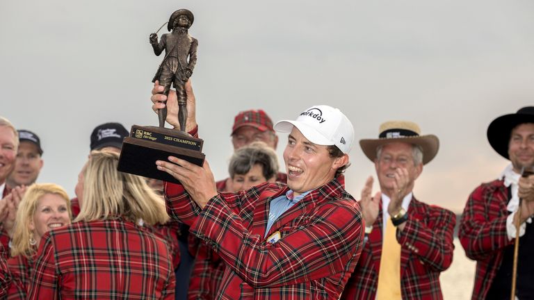 Matt Fitzpatrick lifts the RBC Heritage trophy. 