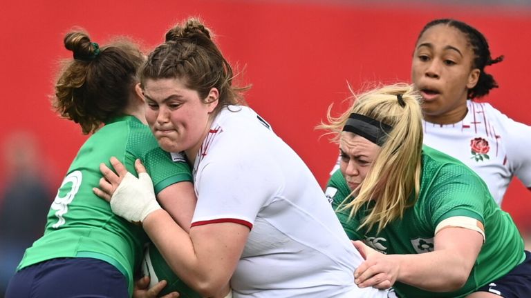Cork , Ireland - 22 April 2023; Maud Muir of England is tackled by Molly Scuffil-McCabe of Ireland during the TikTok Women's Six Nations Rugby Championship match between Ireland and England at Musgrave Park in Cork. (Photo By E..in Noonan/Sportsfile via Getty Images)