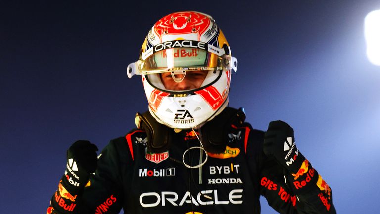 BAHRAIN INTERNATIONAL CIRCUIT, BAHRAIN - MARCH 05: Max Verstappen, Red Bull Racing, 1st position, celebrates on arrival in Parc Ferme during the Bahrain GP at Bahrain International Circuit on Sunday March 05, 2023 in Sakhir, Bahrain. (Photo by Sam Bloxham / LAT Images)