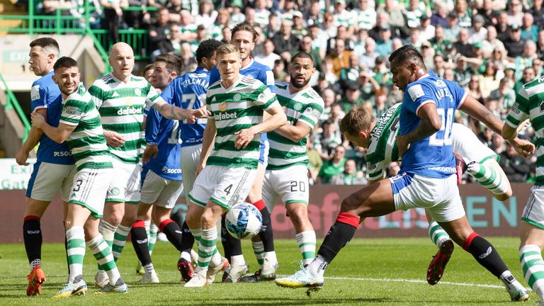 GLASGOW, SCOTLAND - APRIL 08: Rangers' Alfredo Morelos scores but it is ruled out for a foul on Alistair Johnston during a cinch Premiership match between Celtic and Rangers at Celtic Park, on April 08, 2023, in Glasgow, Scotland.  (Photo by Craig Williamson / SNS Group)