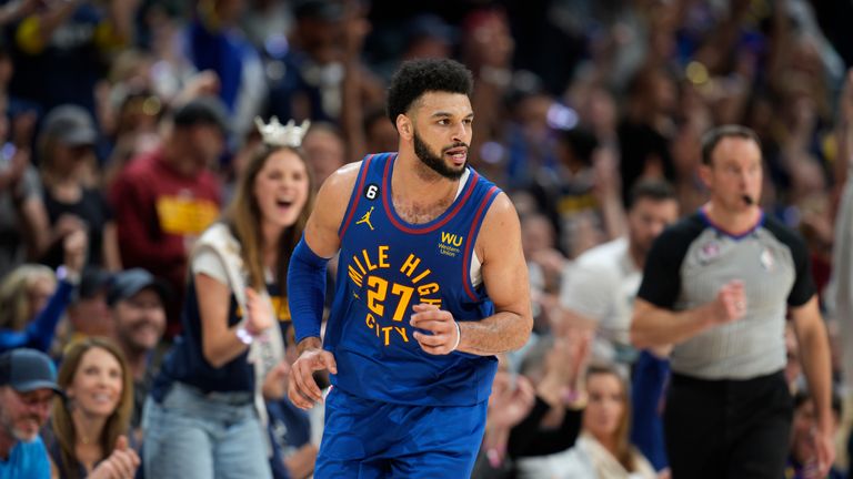 Denver Nuggets guard Jamal Murray turns after hitting a basket against the Phoenix Suns in the second half of Game 1 of an NBA second-round basketball series Saturday, April 29, 2023, in Denver.
