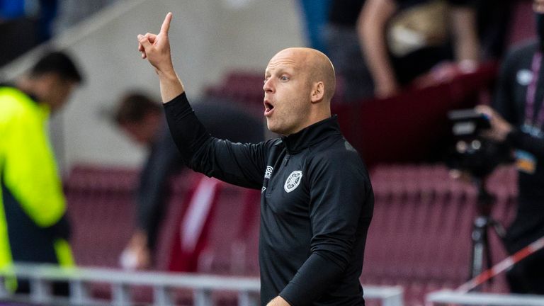 EDINBURGH, SCOTLAND - JULY 31: Hearts coach Steven Naismith during a cinch Premiership match between Hearts and Celtic at Tynecastle Park , on July 31, 2021, in Edinburgh, Scotland. (Photo by Craig Williamson / SNS Group)