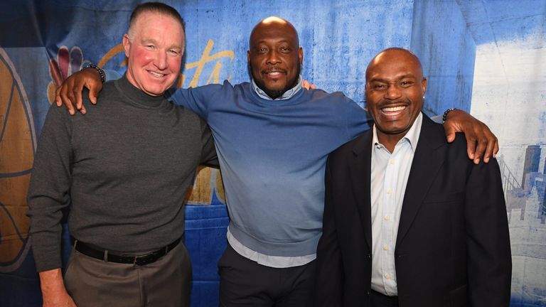Mitch Richmond (centre) pictured with former 'Run TMC' Warriors team-mates Chris Mullin (left) and Tim Hardaway (right)