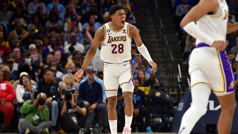 Los Angeles Lakers forward Rui Hachimura (28) reacts during Game 1 of a first-round playoff series against the Memphis Grizzlies.