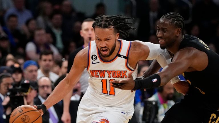 New York Knicks&#39; Jalen Brunson (11) drives past Cleveland Cavaliers&#39; Caris LeVert (3) during the second half of Game 3 in an NBA basketball first-round playoff series Friday, April 21, 2023, in New York. The Knicks won 99-79. (AP Photo/Frank Franklin II)