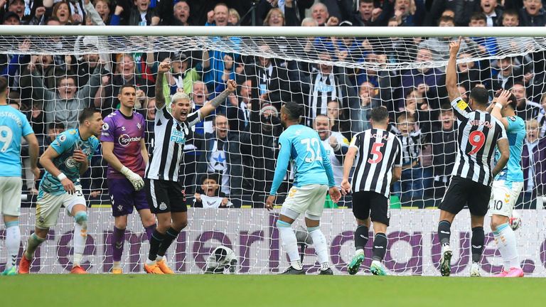 Newcastle players celebrate after taking the lead against Southampton via a Theo Walcott own goal