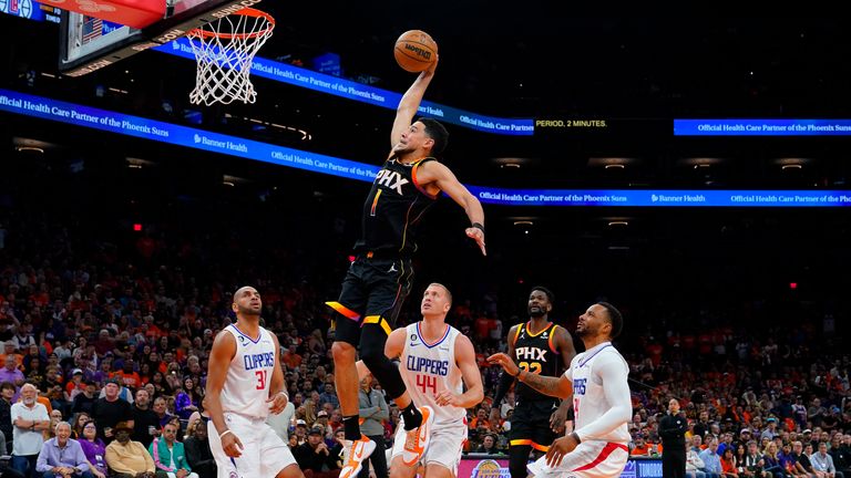 Phoenix Suns guard Devin Booker (1) dunks over Los Angeles Clippers center Mason Plumlee (44), forward Nicolas Batum, left, and guard Norman Powell, right, during the second half of Game 5 of a first-round NBA basketball playoff series, Tuesday, April 25, 2023, in Phoenix. 