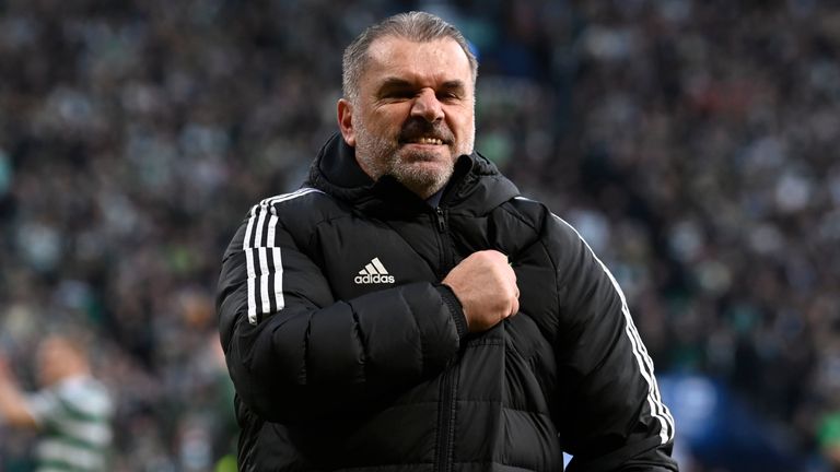 GLASGOW, SCOTLAND - FEBRUARY 26: Celtic manager Ange Postecoglou celebrates at full time during the Viaplay Cup final between Rangers and Celtic at Hampden Park, on February 26, 2023, in Glasgow, Scotland.  (Photo by Rob Casey / SNS Group)