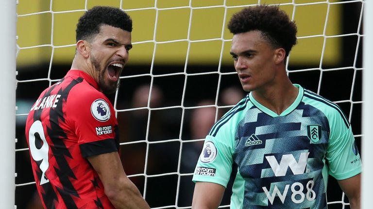 Dominic Solanke celebrates after giving Bournemouth a 2-1 lead over Fulham