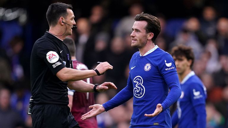 Ben Chilwell argues with referee Andrew Madley