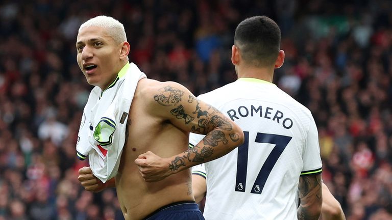 Substitute Richarlison celebrates after scoring a late equaliser for Spurs at Anfield